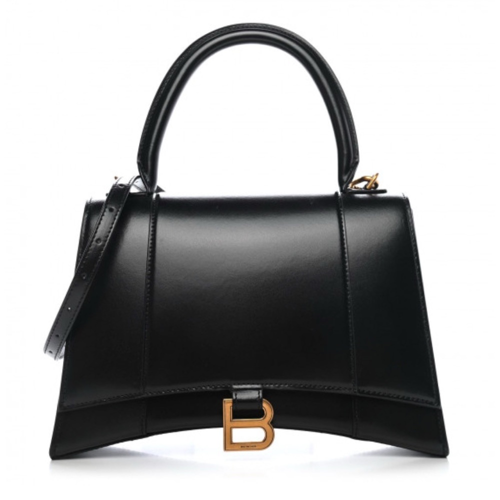 BALENCIAGA Shiny Box Calfskin Medium Hourglass Top Handle Bag Black